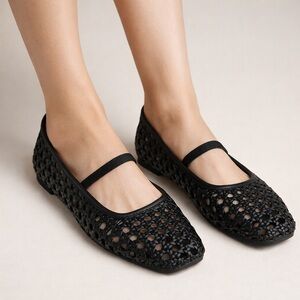 Joie Black Woven Mary Jane Ballet Flats Size 8 Square Toe Weavy